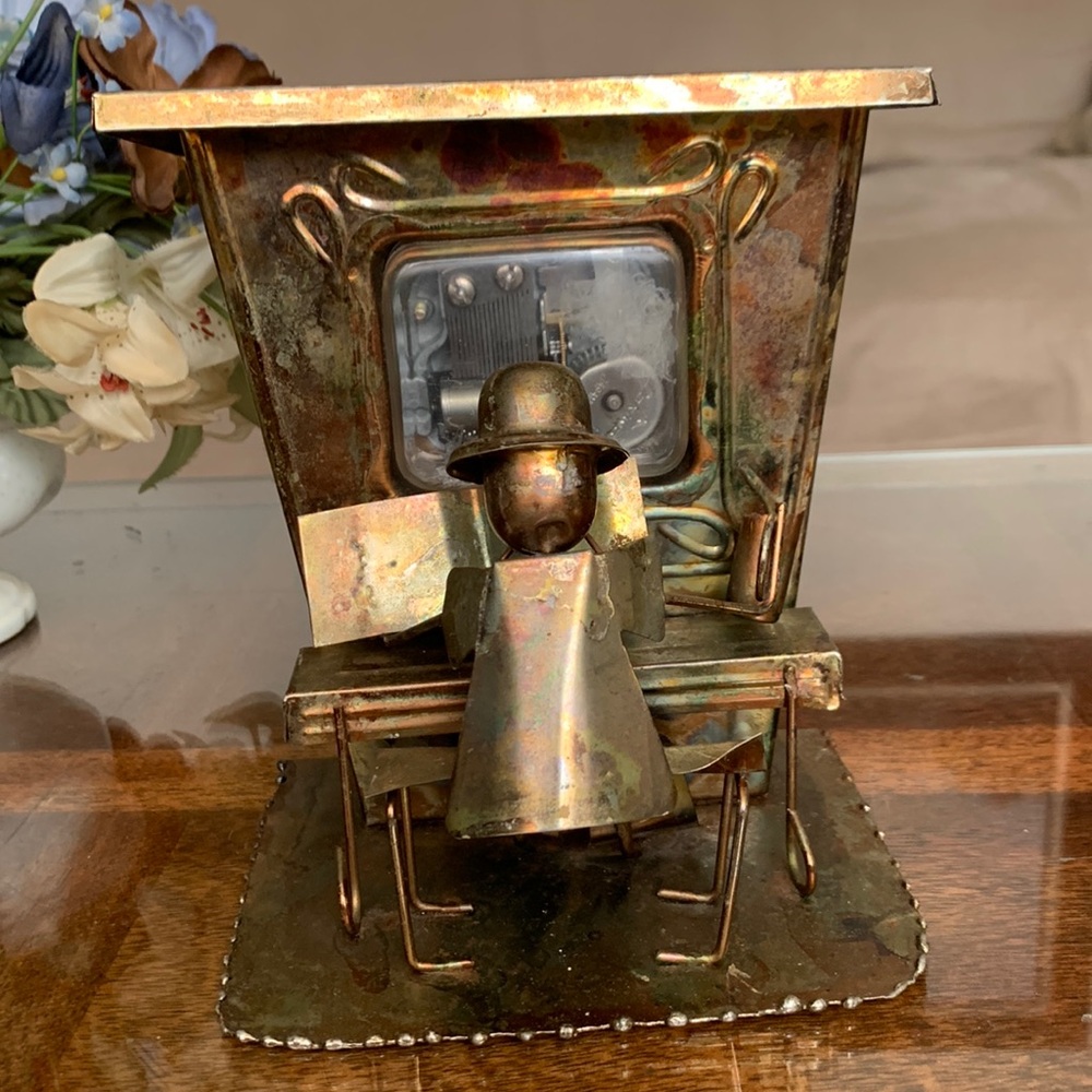 Vintage Copper Brass Tin Music Box Piano Man The Entertainer Wind Up Musicbox